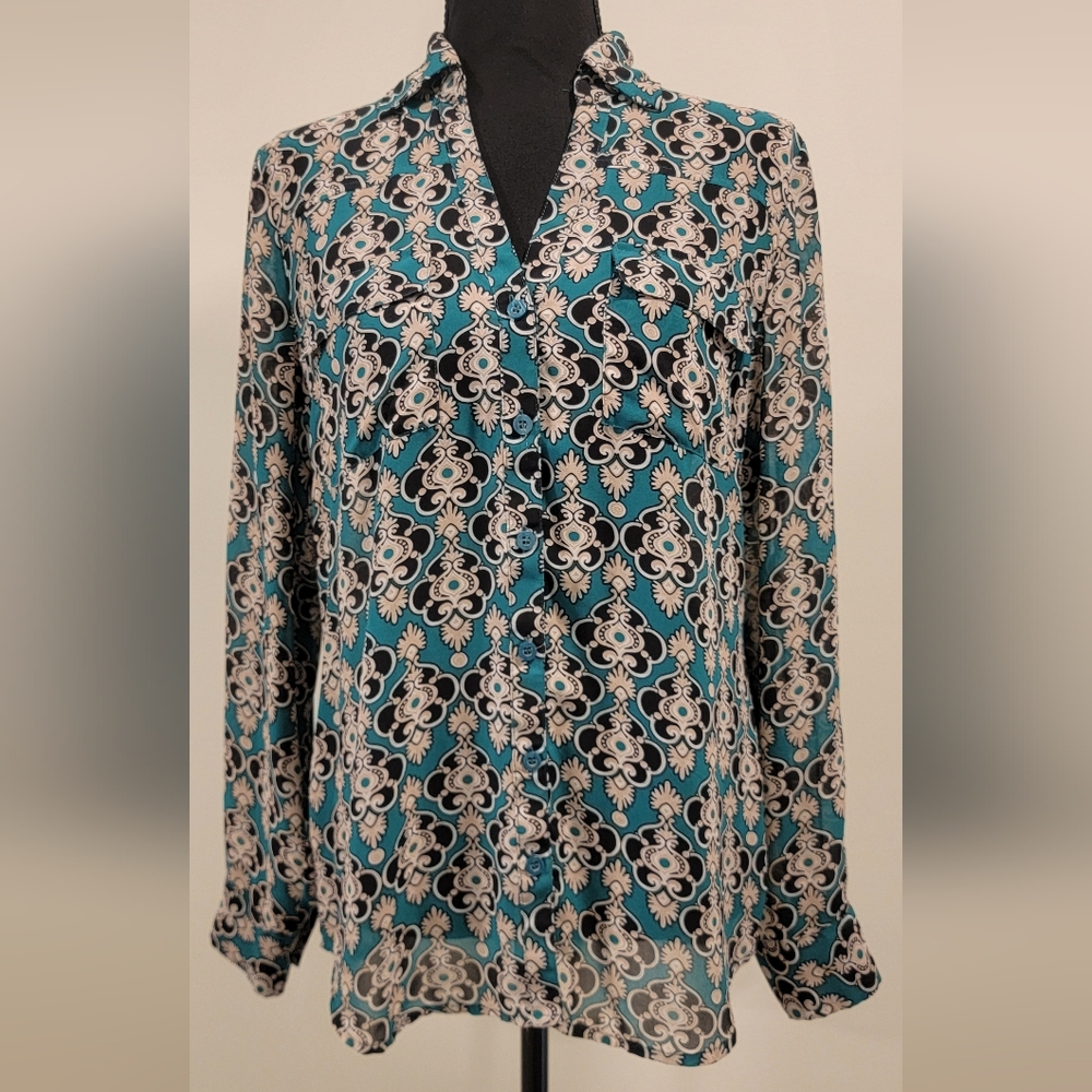 Teal and Black Paisley Print Button Down Blouse